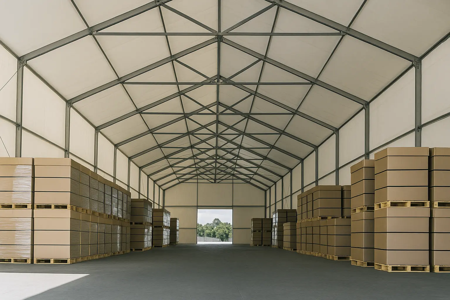 Interior de una estructura modular con zonas de almacenamiento